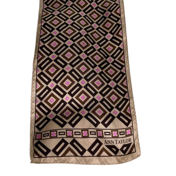 Vintage Ann Taylor Silk Scarf Geometric Brown Beige Pink New - Picture 12 of 13